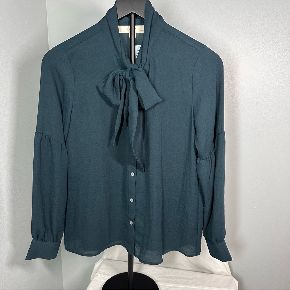 LOFT Dark Teal Blouse with Bow Tie Neck NWT